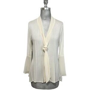 August Silk Ivory Long Bell Sleeve With Tie Neck Pullover Blouse Size M
